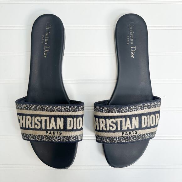 Christian Dior Dway Slides Black Navy Embroidered Logo Sandals 41 Slip-On Flats - Picture 7 of 7